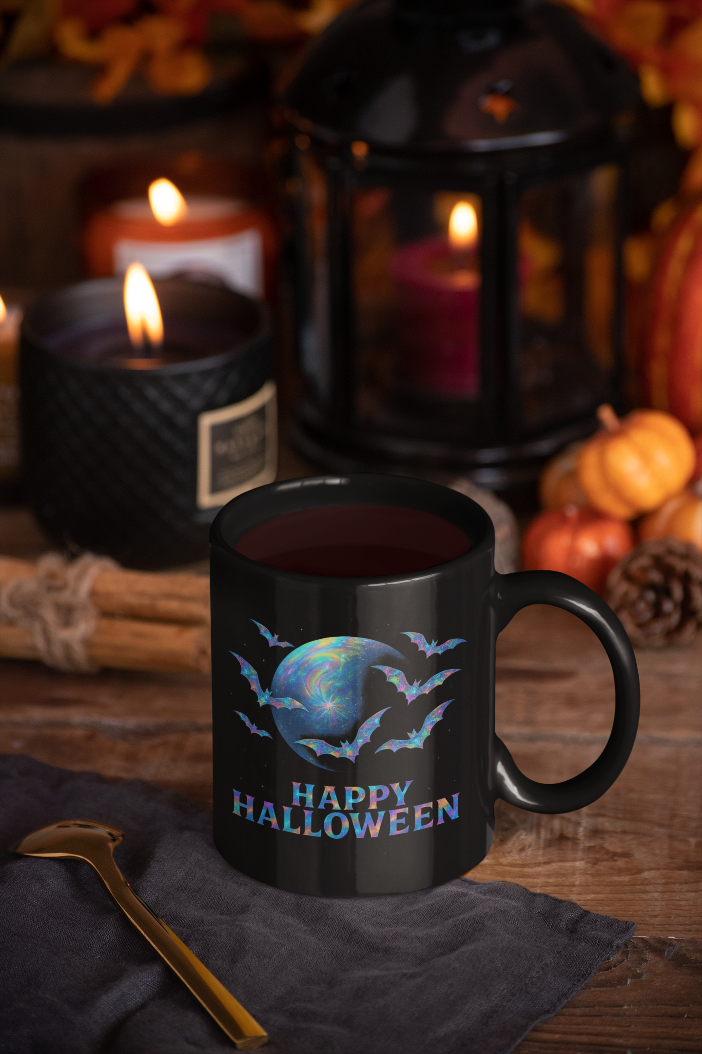 Happy Halloween Holographic Style Bat Mug, an essential addition to your coffee cup designs collection, celebrating the spooky season in style.