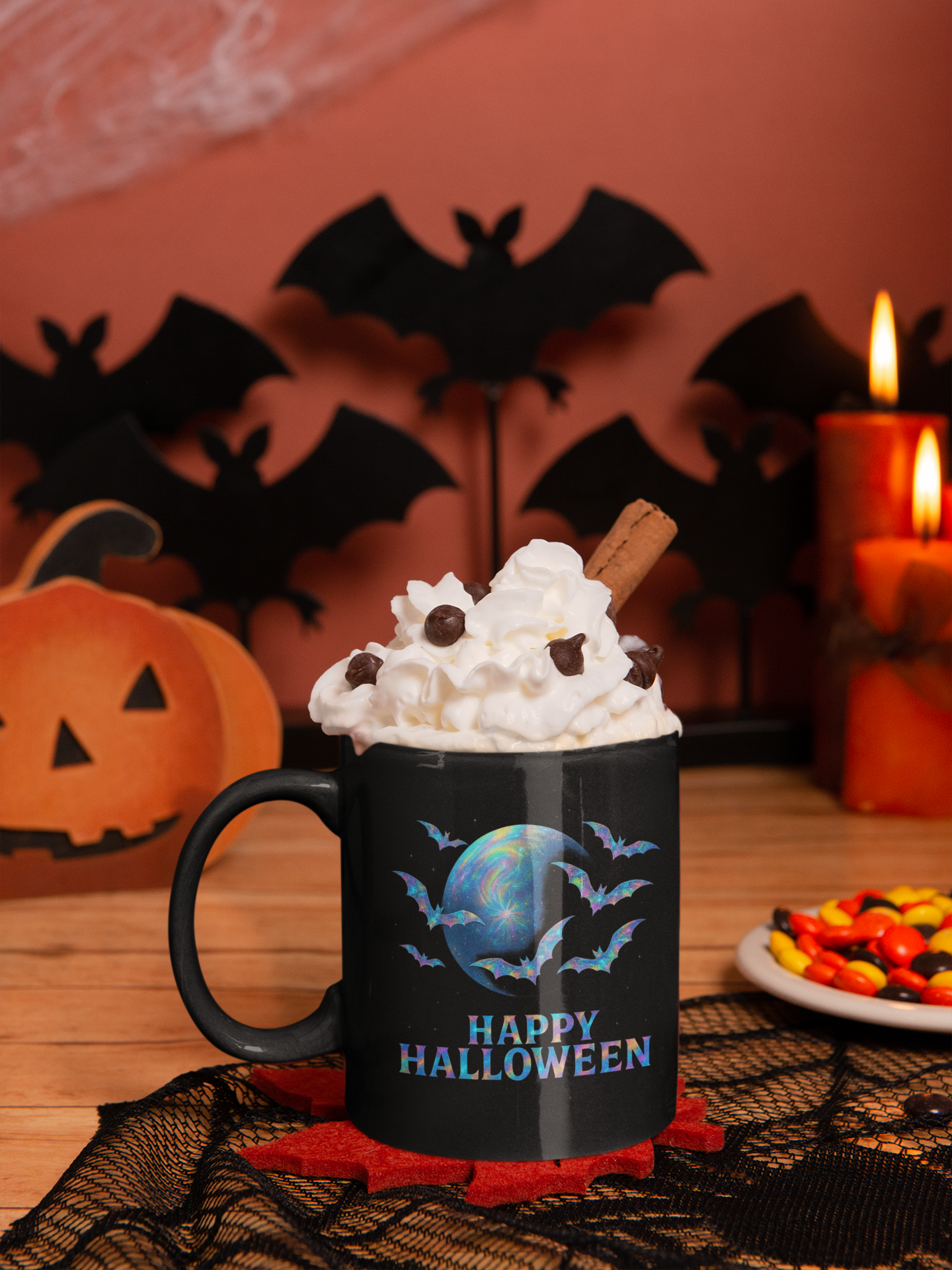 Happy Halloween Holographic Style Bat Mug, an essential addition to your coffee cup designs collection, celebrating the spooky season in style.