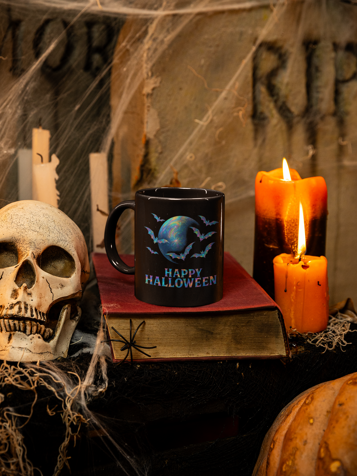 Happy Halloween Holographic Style Bat Mug, an essential addition to your coffee cup designs collection, celebrating the spooky season in style.