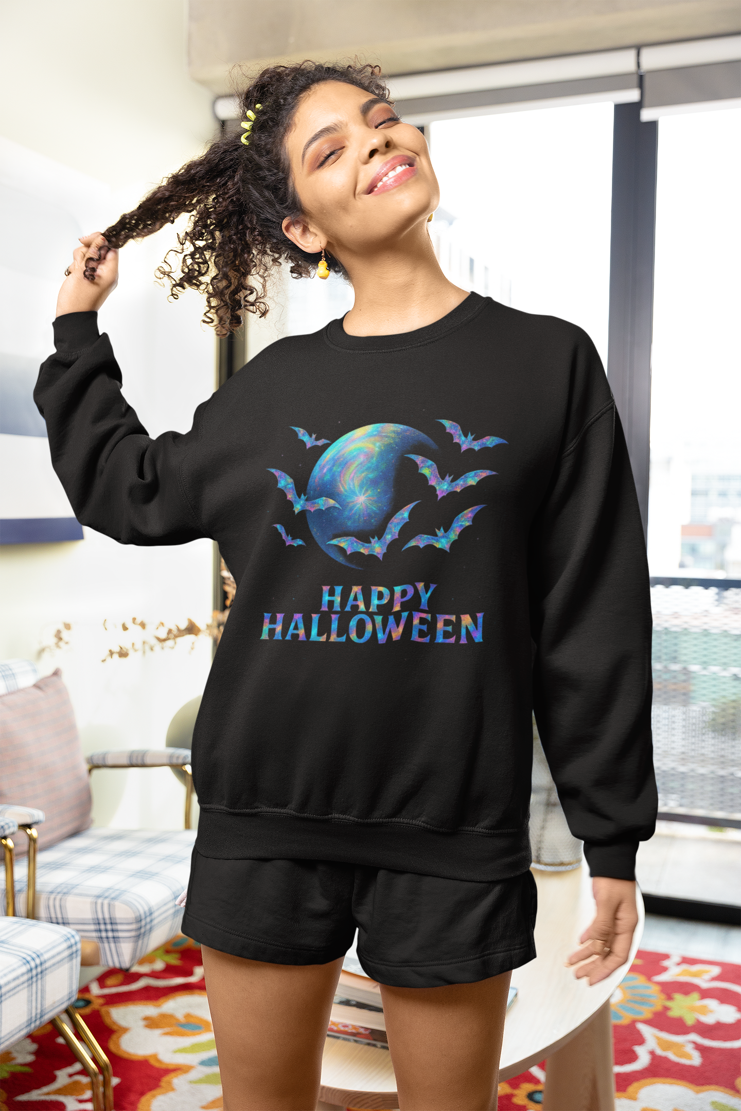 Happy Halloween Holographic Style Bat Sweater, this bat jumper adds a dash of ghostly charm for sweater weather.