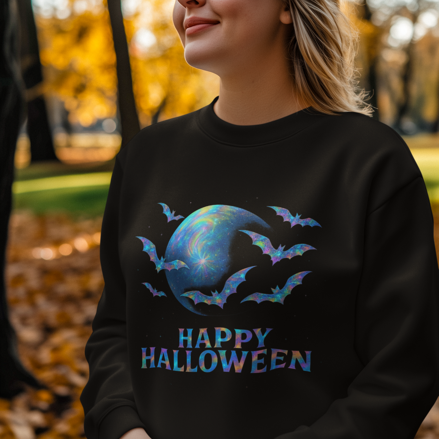 Happy Halloween Holographic Style Bat Sweater, this bat jumper adds a dash of ghostly charm for sweater weather.