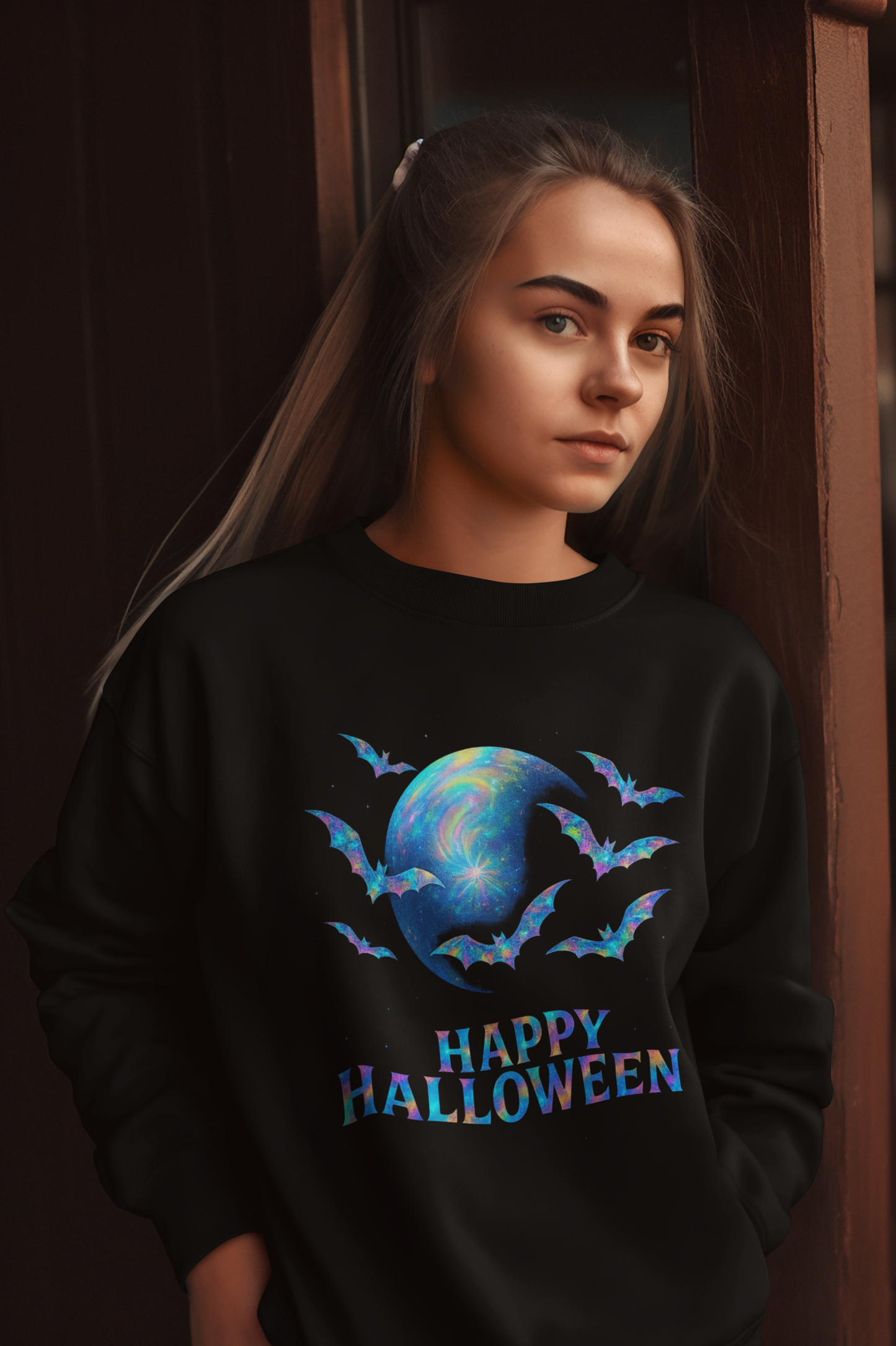 Happy Halloween Holographic Style Bat Sweater, this bat jumper adds a dash of ghostly charm for sweater weather.