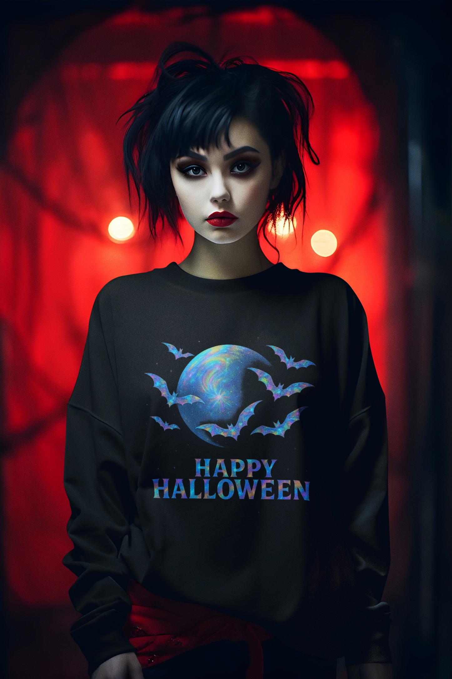 Happy Halloween Holographic Style Bat Sweater, this bat jumper adds a dash of ghostly charm for sweater weather.