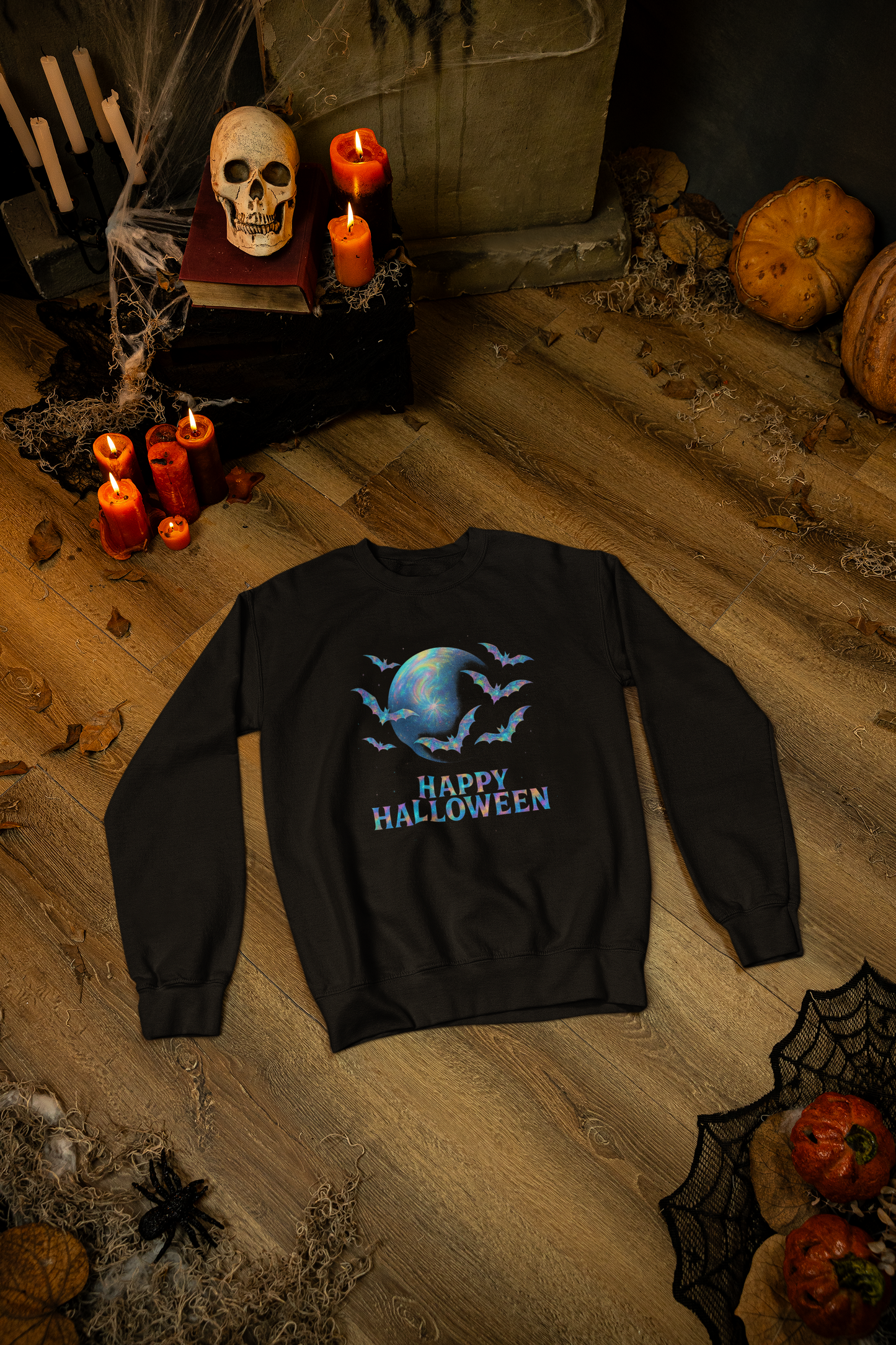 Happy Halloween Holographic Style Bat Sweater, this bat jumper adds a dash of ghostly charm for sweater weather.