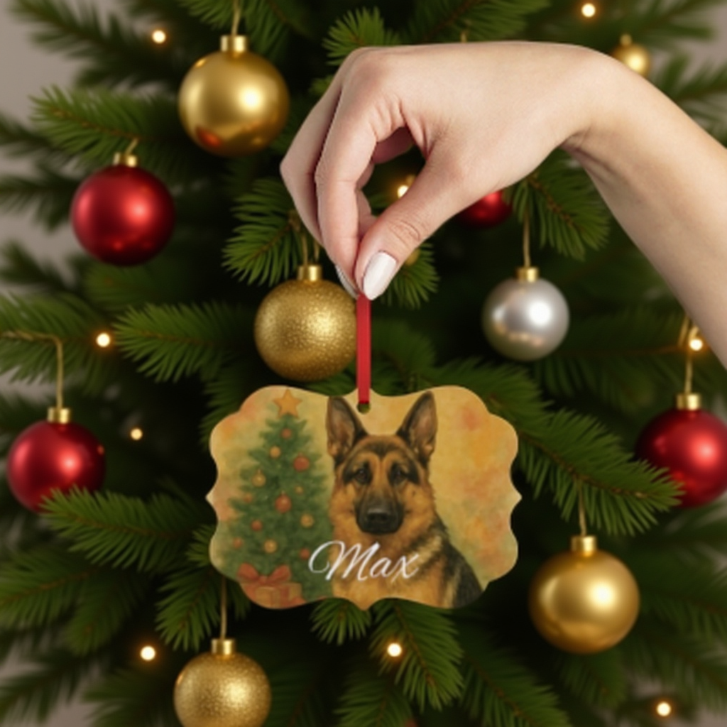 Festive German Shepherd Tree Ornament, A beautifully designed piece, it stands out among festive ornaments, honoring the noble german shepherd dog in style.
