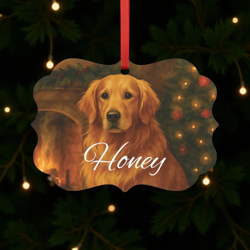 Festive Gold Retriever Tree Ornament, this metal tree ornament wonderfully captures the spirit of your beloved family dog.