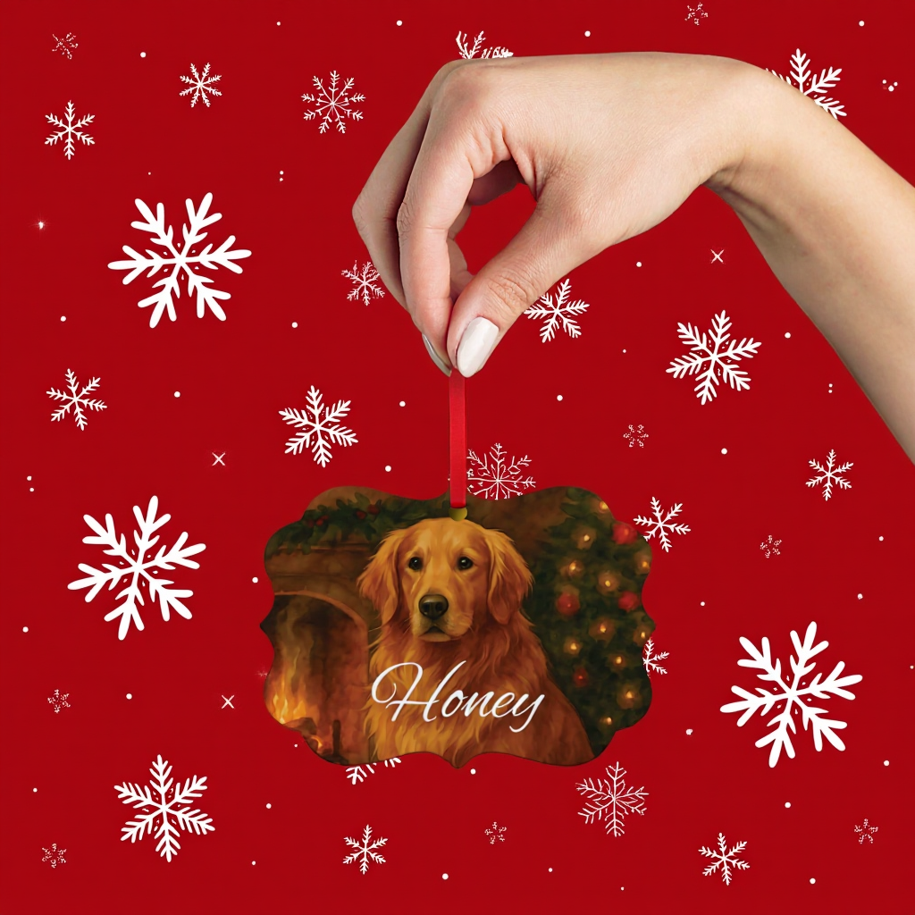 Festive Gold Retriever Tree Ornament, this metal tree ornament wonderfully captures the spirit of your beloved family dog.