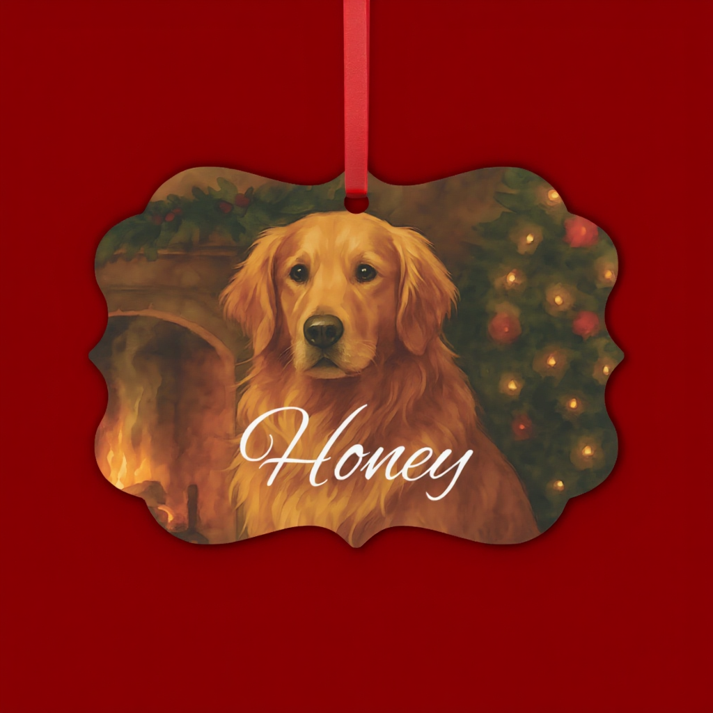 Festive Gold Retriever Tree Ornament, this metal tree ornament wonderfully captures the spirit of your beloved family dog.