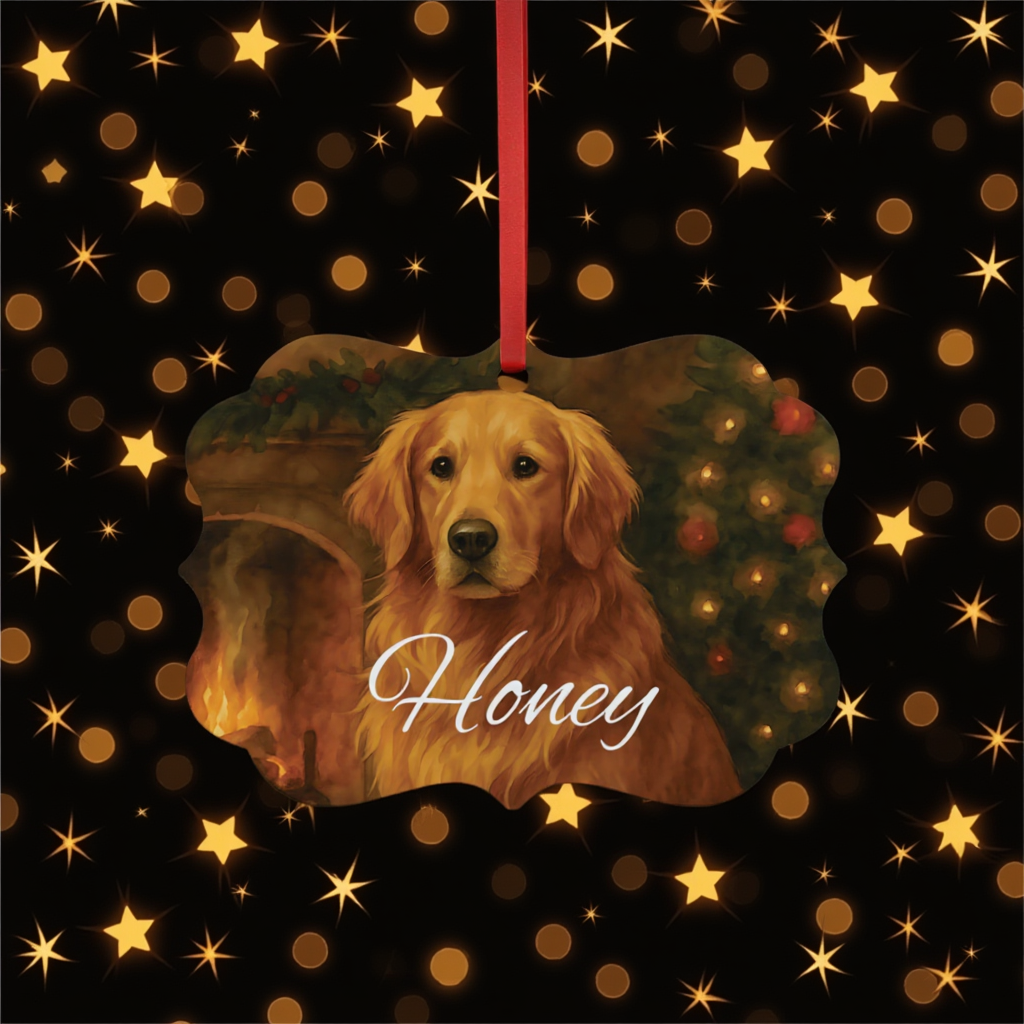Festive Gold Retriever Tree Ornament, this metal tree ornament wonderfully captures the spirit of your beloved family dog.