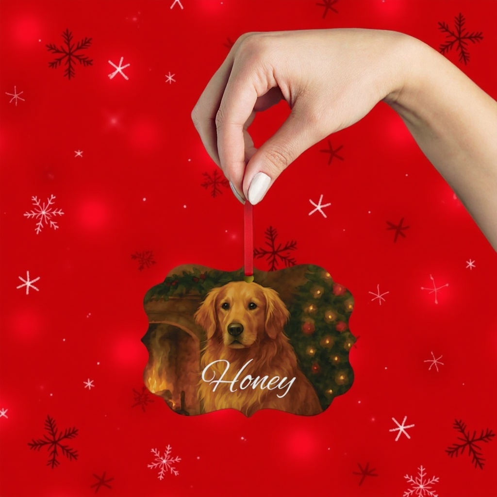 Festive Gold Retriever Tree Ornament, this metal tree ornament wonderfully captures the spirit of your beloved family dog.