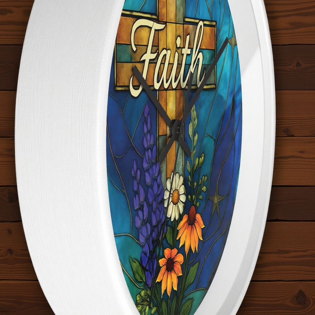 Christianity Faith Cross Stained Glass Effect Wall Clock, Perfect as a Christian clock or as thoughtful Christianity gifts.