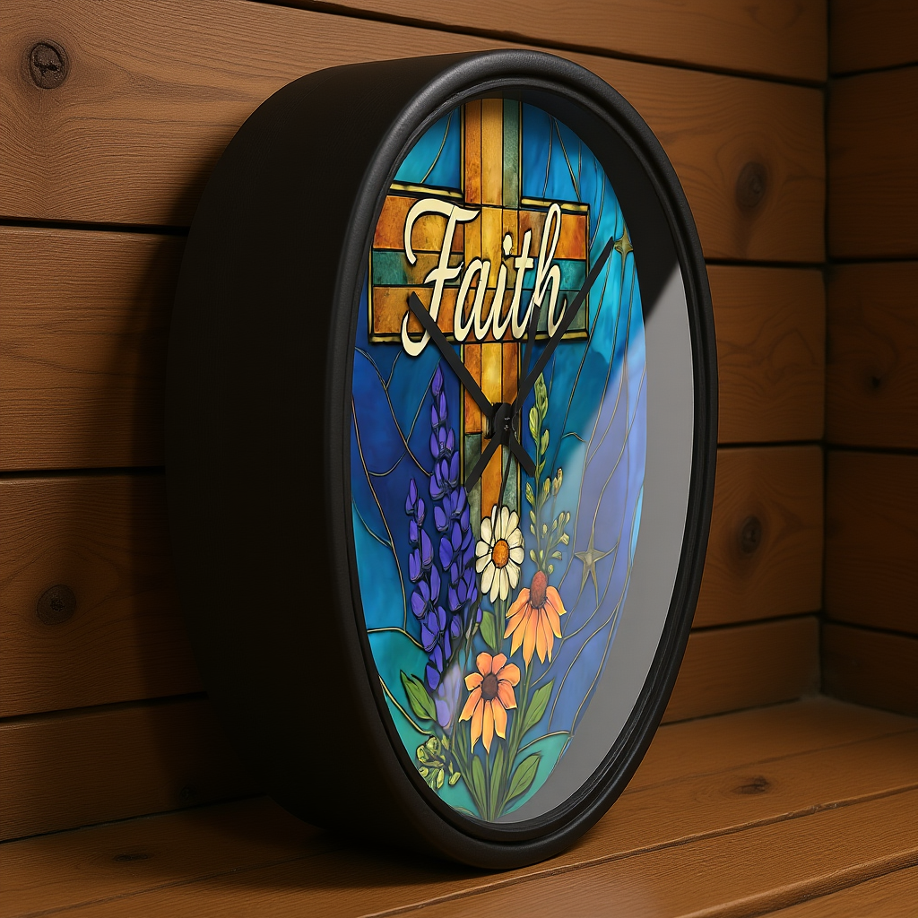 Christianity Faith Cross Stained Glass Effect Wall Clock, Perfect as a Christian clock or as thoughtful Christianity gifts.