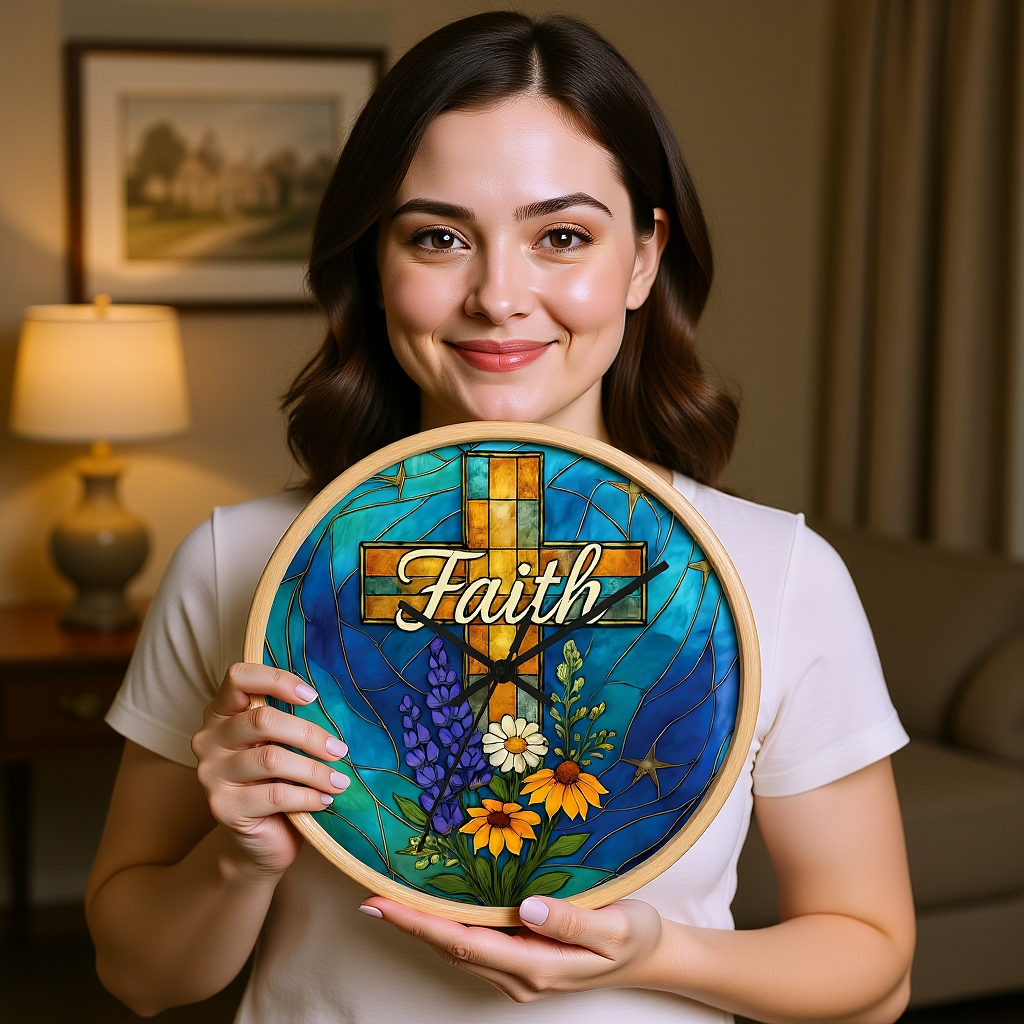 Christianity Faith Cross Stained Glass Effect Wall Clock, Perfect as a Christian clock or as thoughtful Christianity gifts.