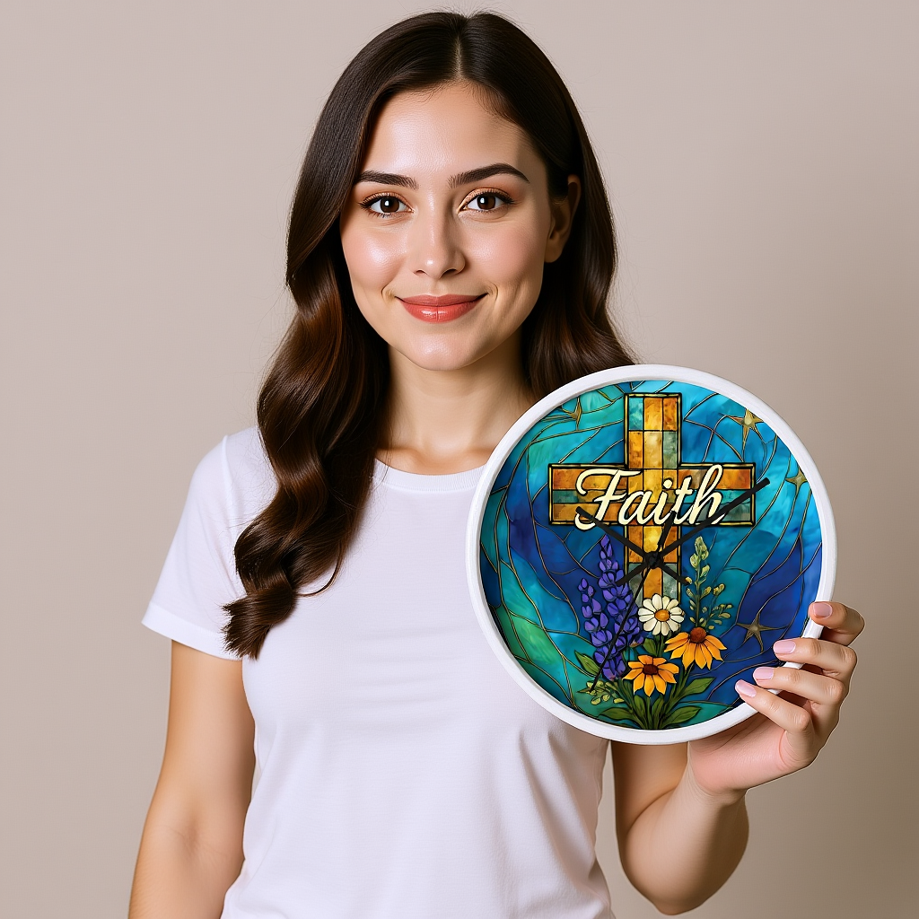 Christianity Faith Cross Stained Glass Effect Wall Clock, Perfect as a Christian clock or as thoughtful Christianity gifts.