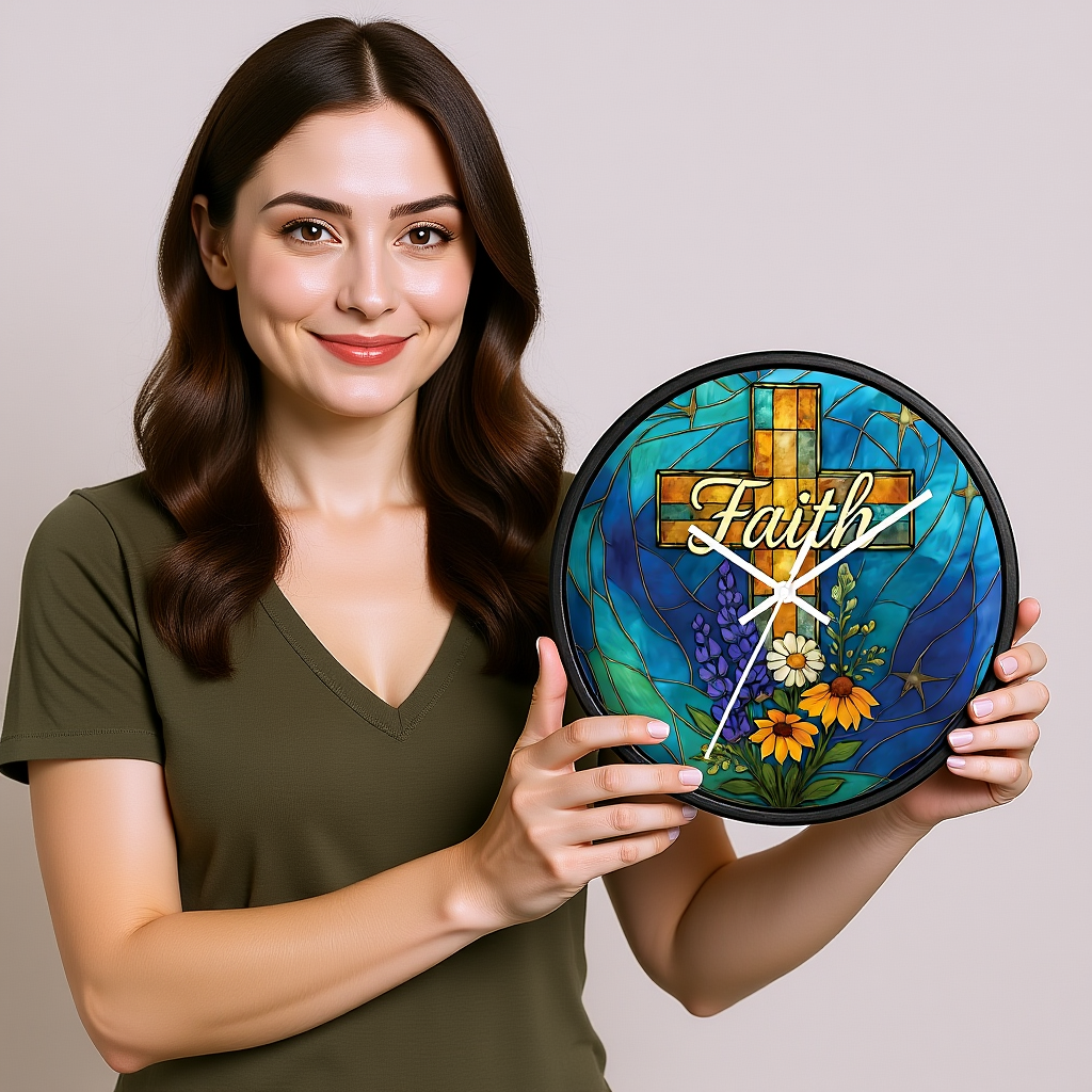 Christianity Faith Cross Stained Glass Effect Wall Clock, Perfect as a Christian clock or as thoughtful Christianity gifts.