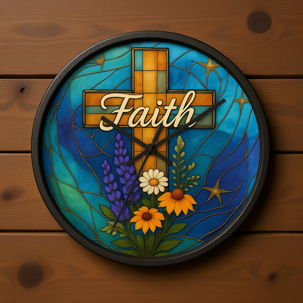 Christianity Faith Cross Stained Glass Effect Wall Clock, Perfect as a Christian clock or as thoughtful Christianity gifts.