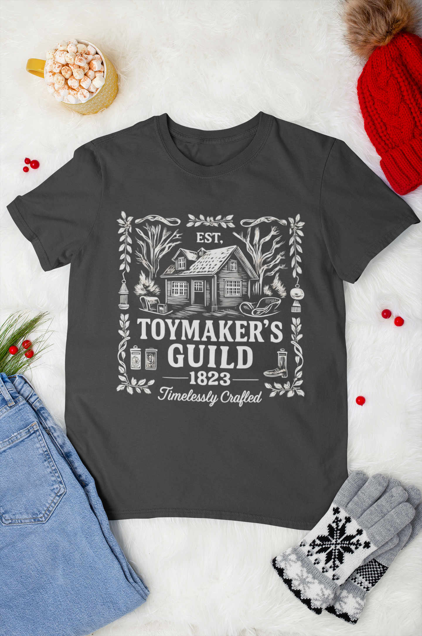 Nostalgic Christmas Tee, Vintage Toymaker Guild, a delightful nod to the nostalgic charm of Christmas past, a heart warming secret Santa idea.