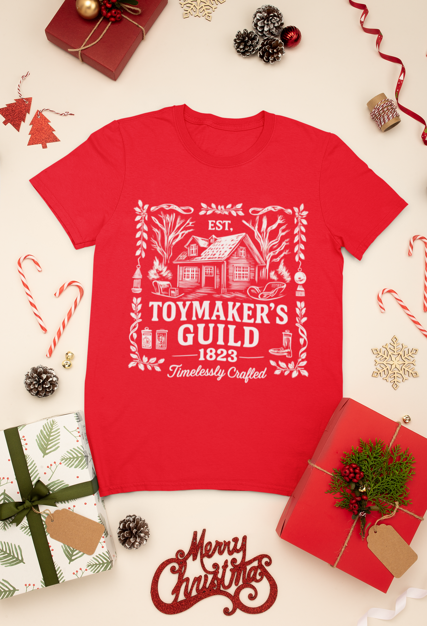 Nostalgic Christmas Tee, Vintage Toymaker Guild, a delightful nod to the nostalgic charm of Christmas past, a heart warming secret Santa idea.