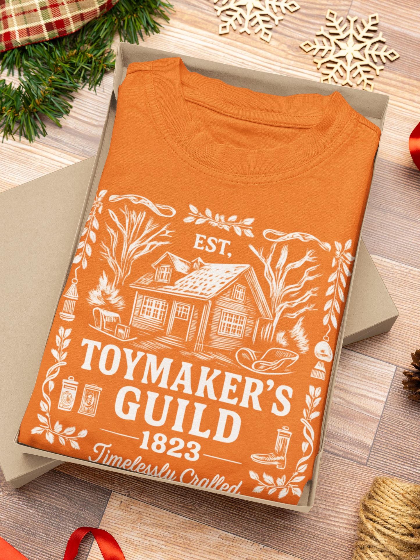 Nostalgic Christmas Tee, Vintage Toymaker Guild, a delightful nod to the nostalgic charm of Christmas past, a heart warming secret Santa idea.