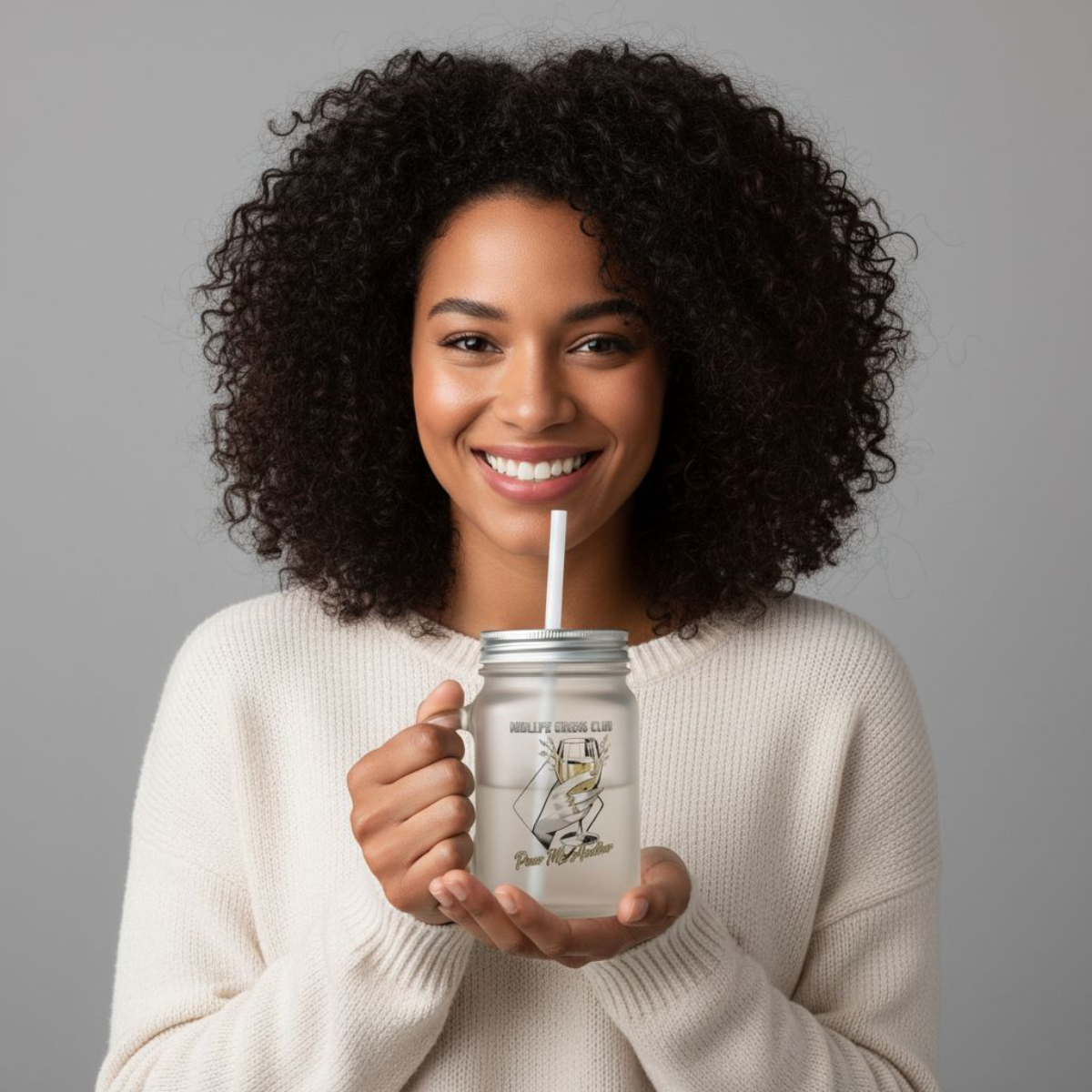 Frosted Drinking Glass Mason Jar With Straw, Midlife crisis Club.