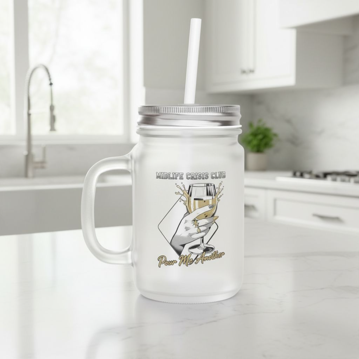 Frosted Drinking Glass Mason Jar With Straw, Midlife crisis Club.