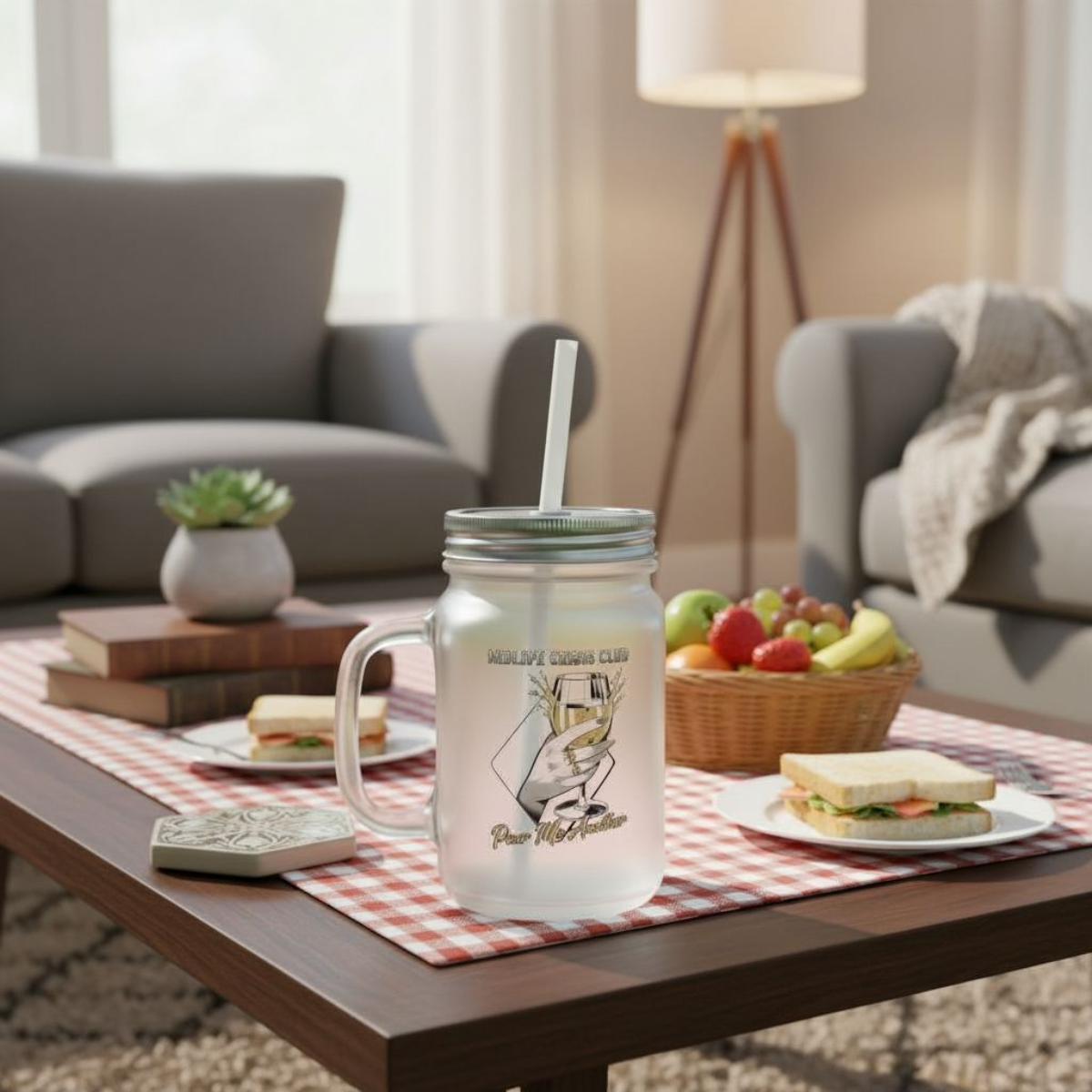 Frosted Drinking Glass Mason Jar With Straw, Midlife crisis Club.