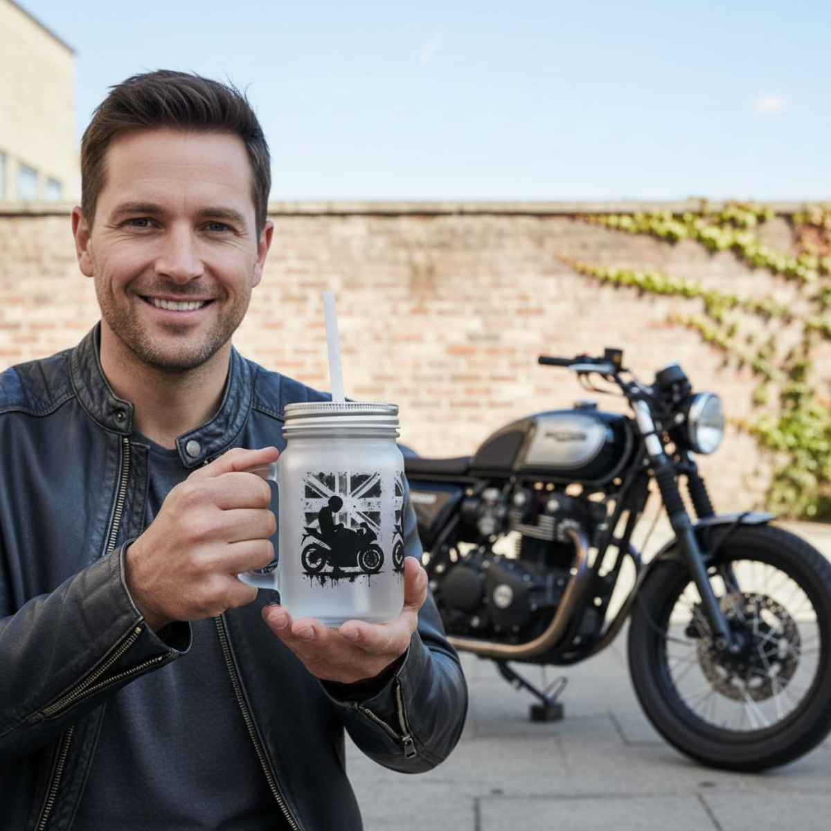Union Jack Mason Jar with Straw, great Biker Dad Gift idea.