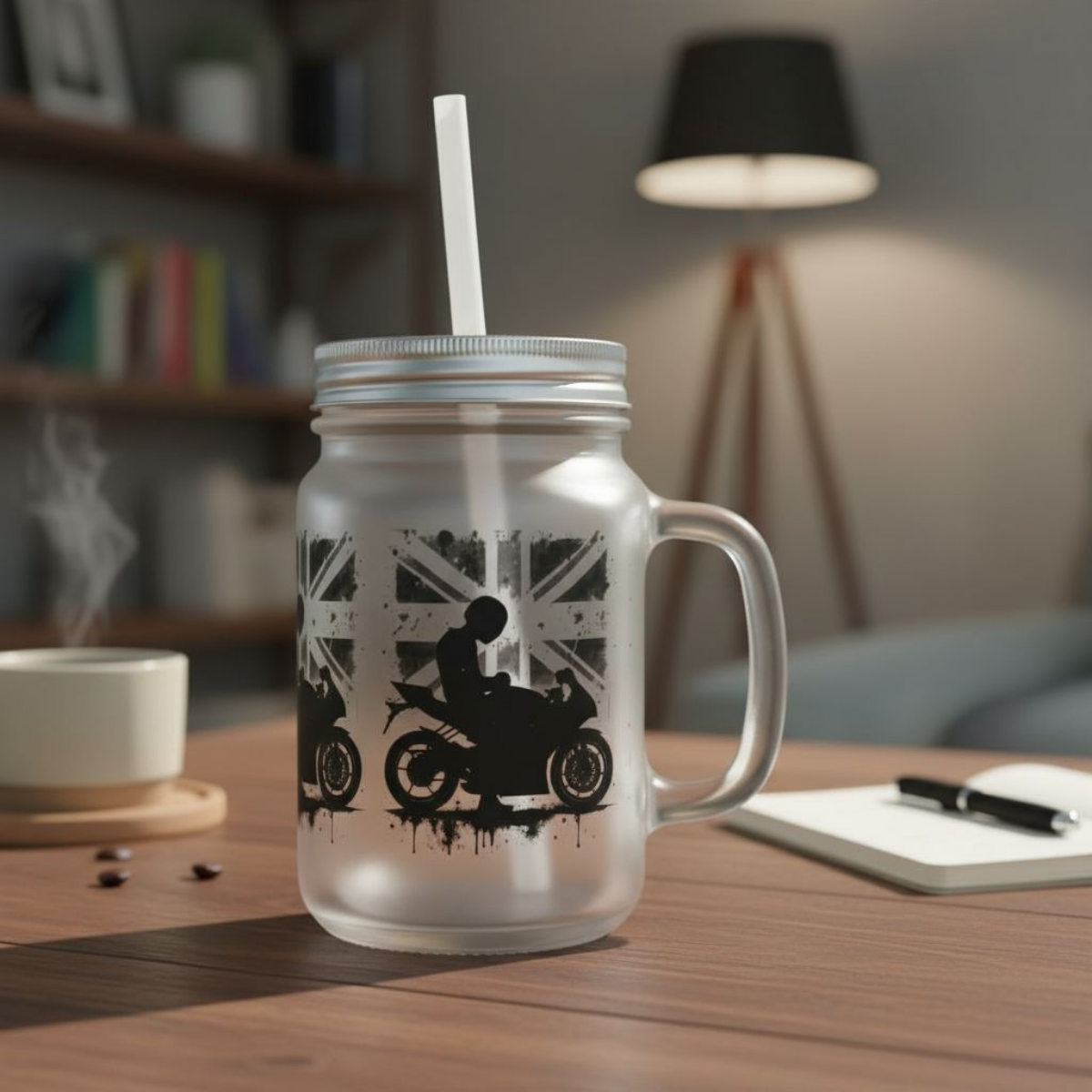 Union Jack Mason Jar with Straw, great Biker Dad Gift idea.