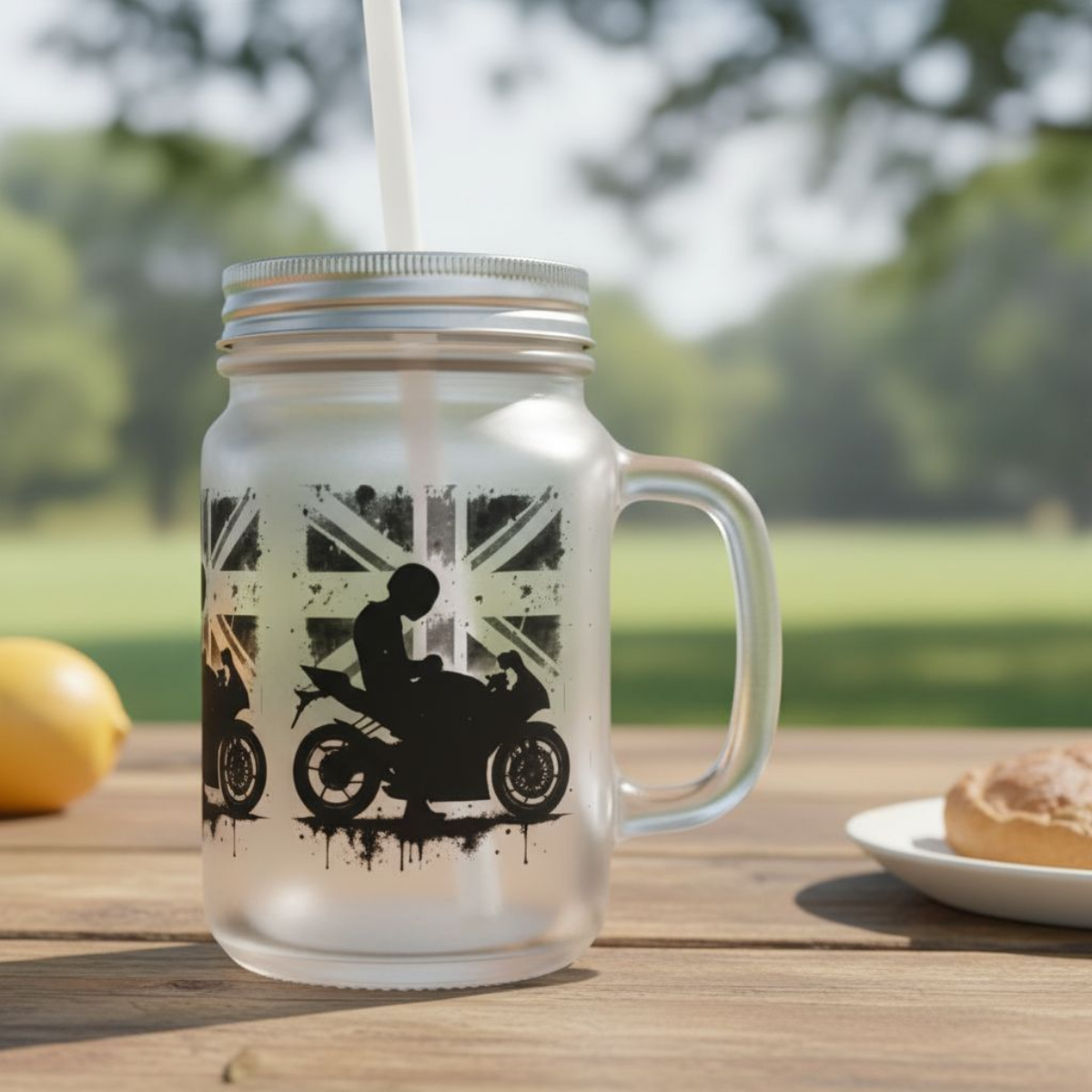 Union Jack Mason Jar with Straw, great Biker Dad Gift idea.