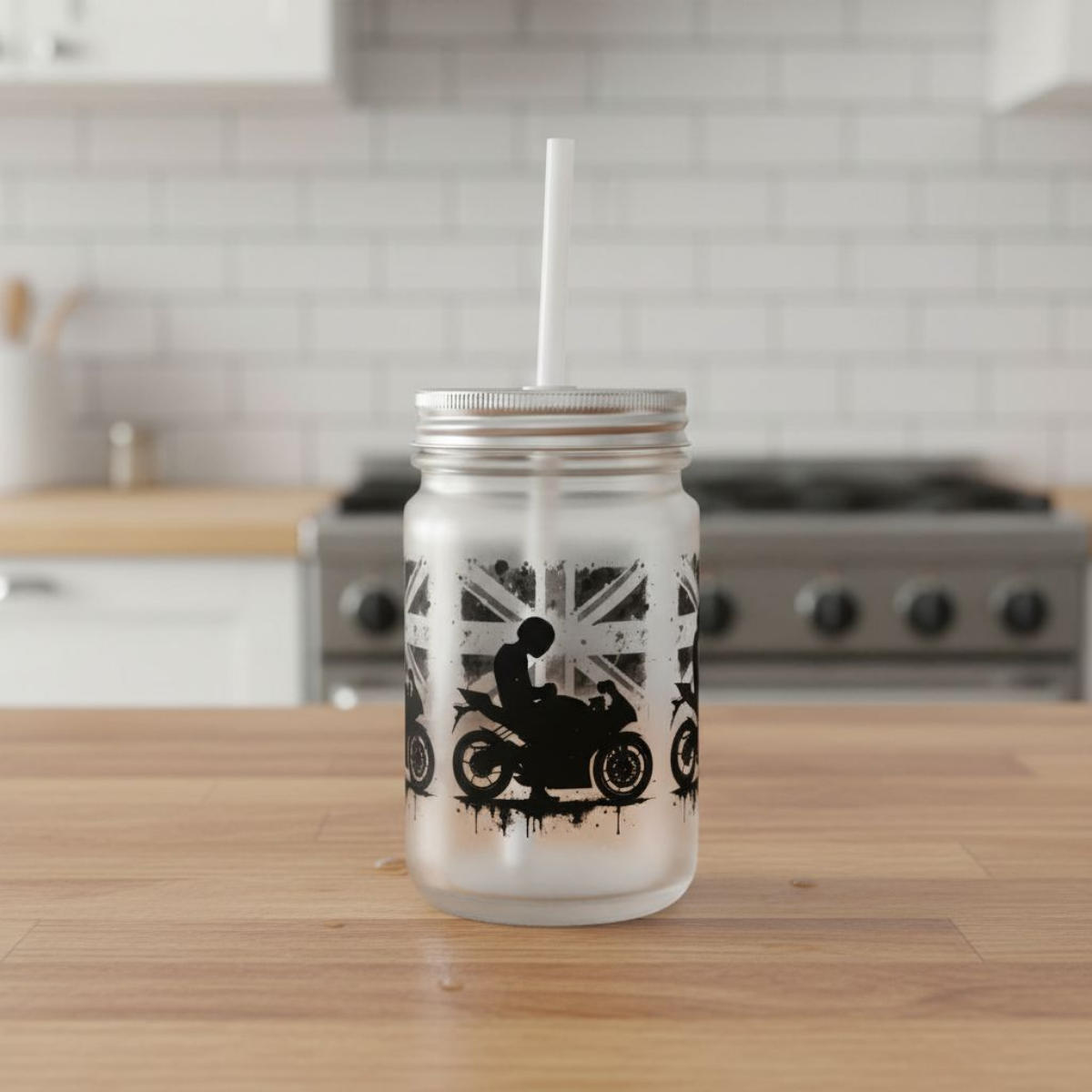 Union Jack Mason Jar with Straw, great Biker Dad Gift idea.