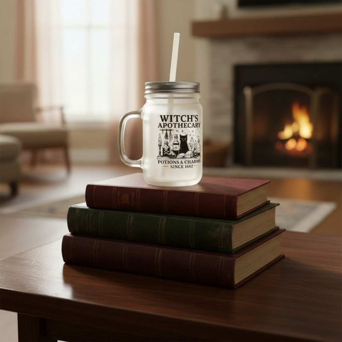 Frosted Glass Mason Jar, Witch Apothecary Design, Mason Jar with Straw, Eco Friendly Witchy Cup, Witchy Gifts for Her,Witchcore Cup