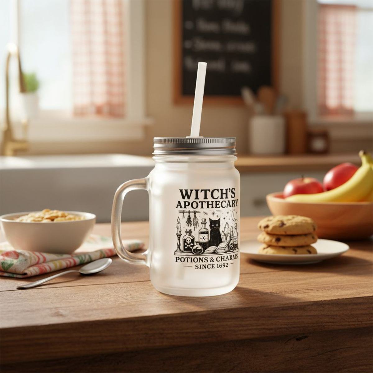 Frosted Glass Mason Jar, Witch Apothecary Design, Mason Jar with Straw, Eco Friendly Witchy Cup, Witchy Gifts for Her,Witchcore Cup