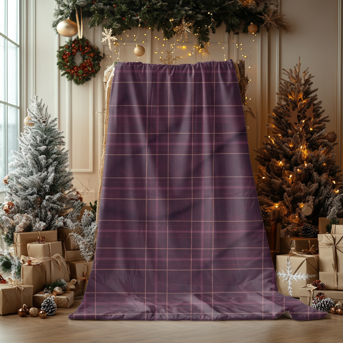 Christmas Plum Plaid Arctic Fleece Blanket, Warm Throw Blanket.