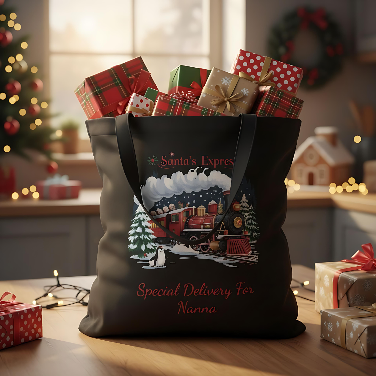 Personalised Santa's Express cotton Tote Bag, Christmas Tote Bag, Custom Christmas Bag, Childs Name, Santas Express