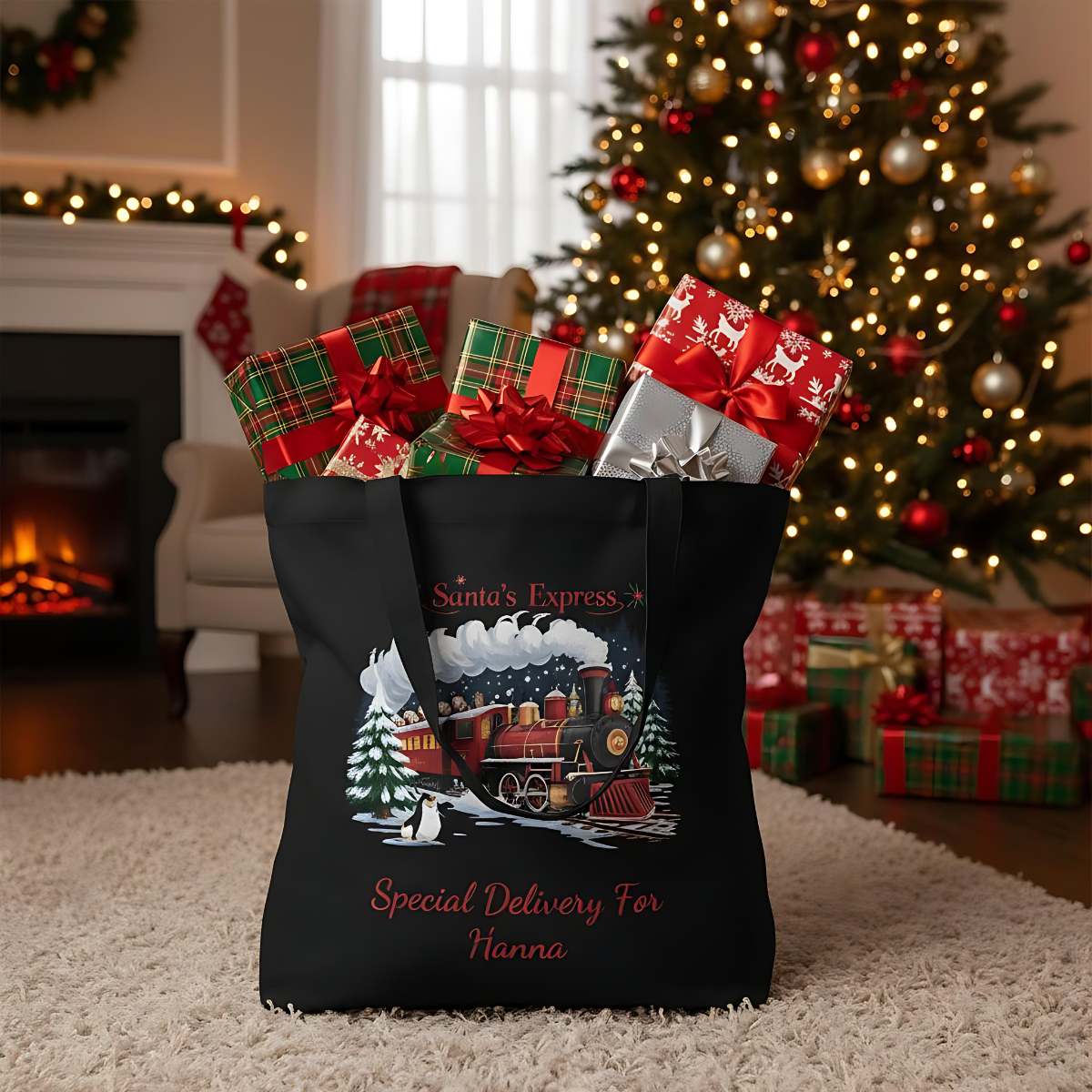 Personalised Santa's Express cotton Tote Bag, Christmas Tote Bag, Custom Christmas Bag, Childs Name, Santas Express