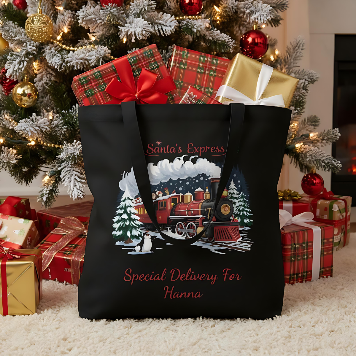 Personalised Santa's Express cotton Tote Bag, Christmas Tote Bag, Custom Christmas Bag, Childs Name, Santas Express