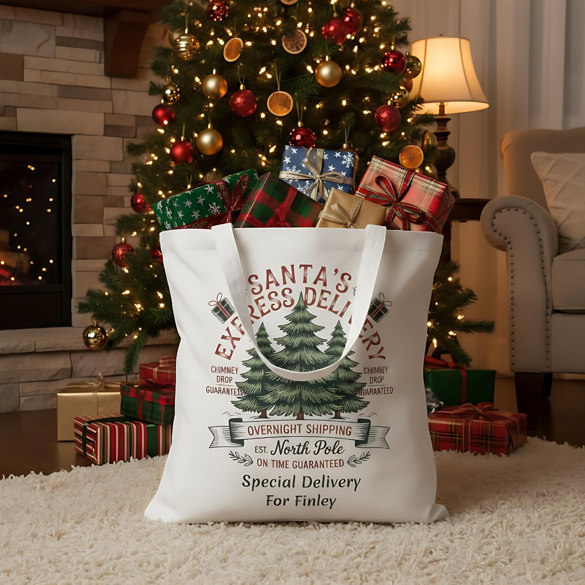 Personalised Santa's Express Delivery Cotton Tote Bag, Custom gift Bag.