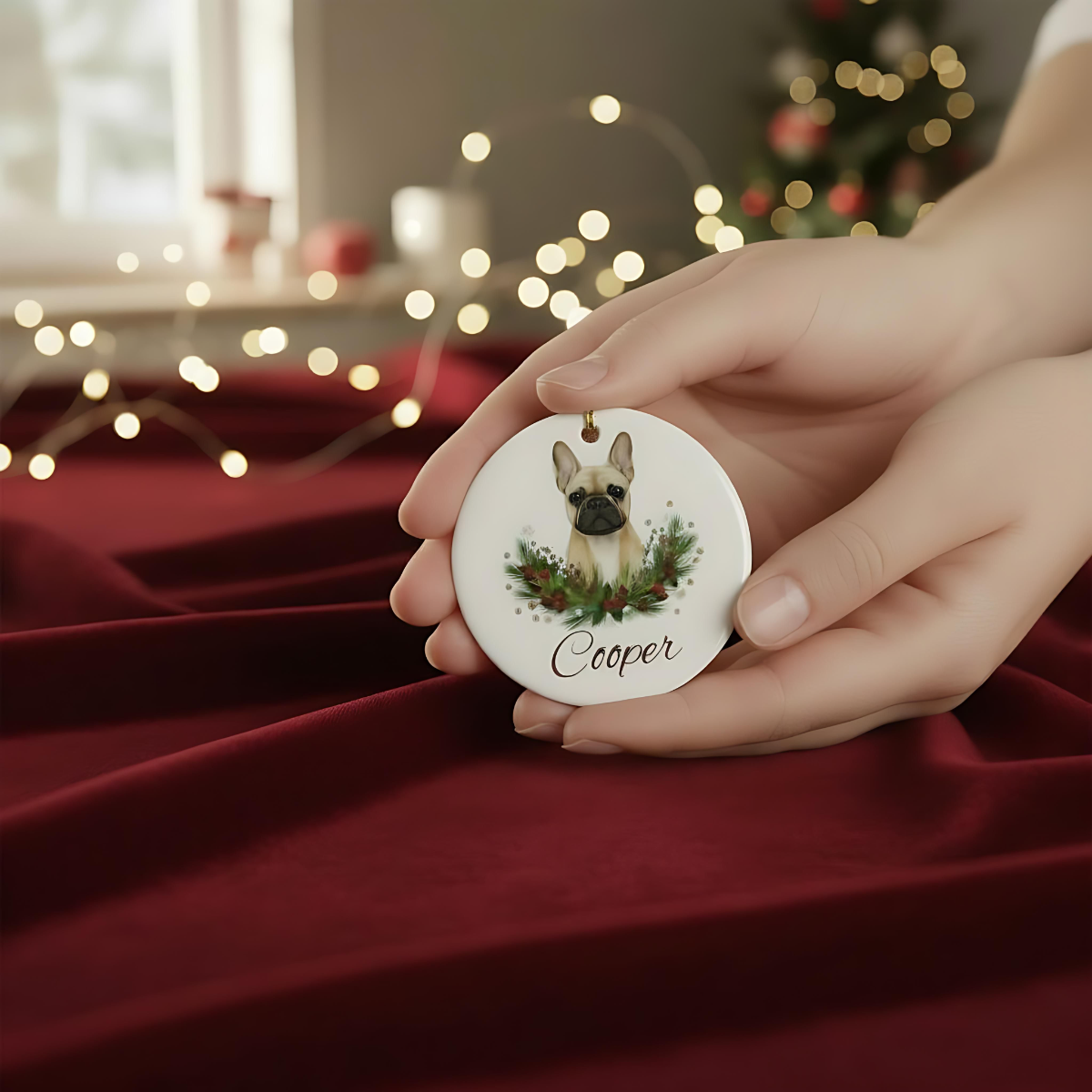 Personalized French Bulldog Christmas Ornament | Custom Dog Name Ceramic Tree Decoration.