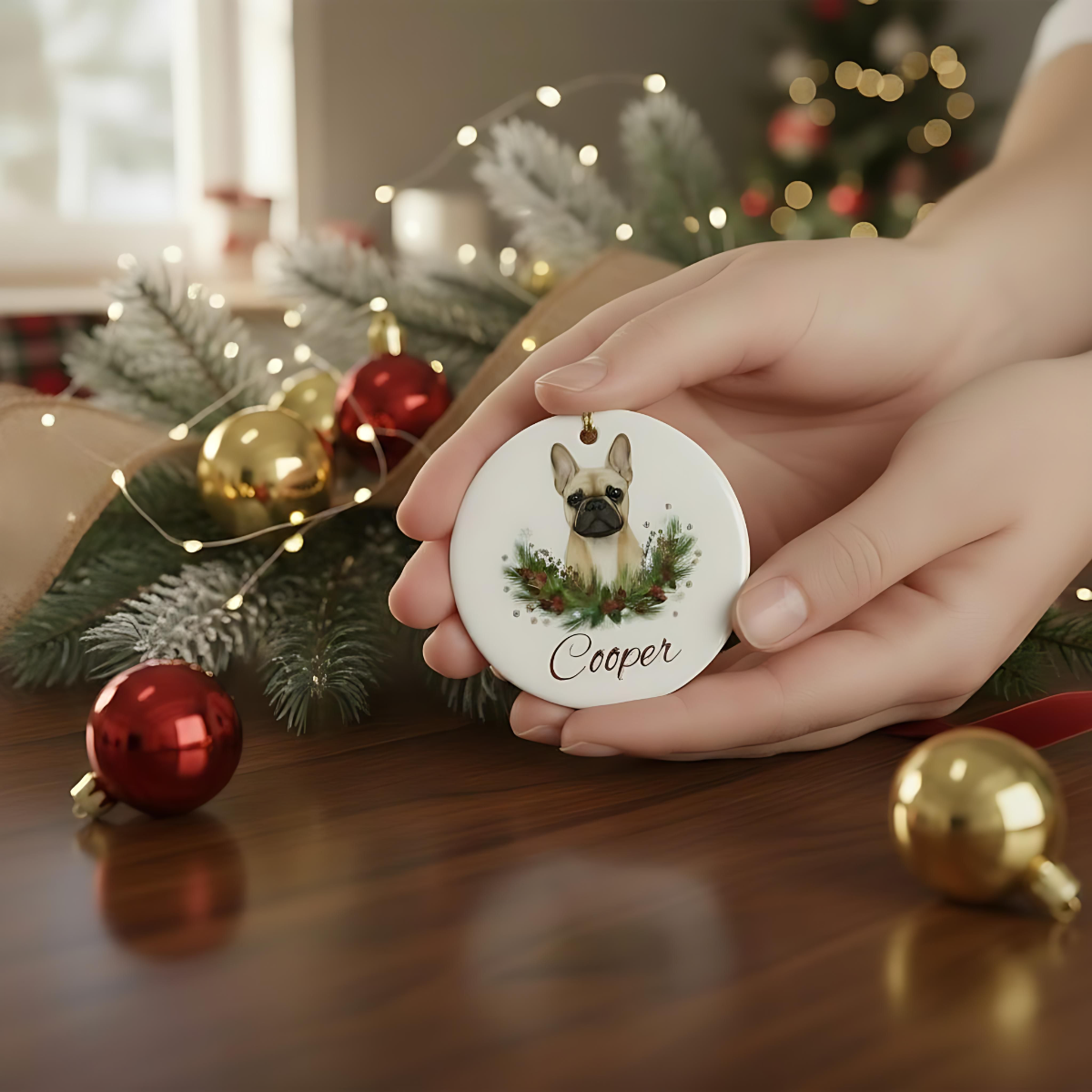 Personalized French Bulldog Christmas Ornament | Custom Dog Name Ceramic Tree Decoration.