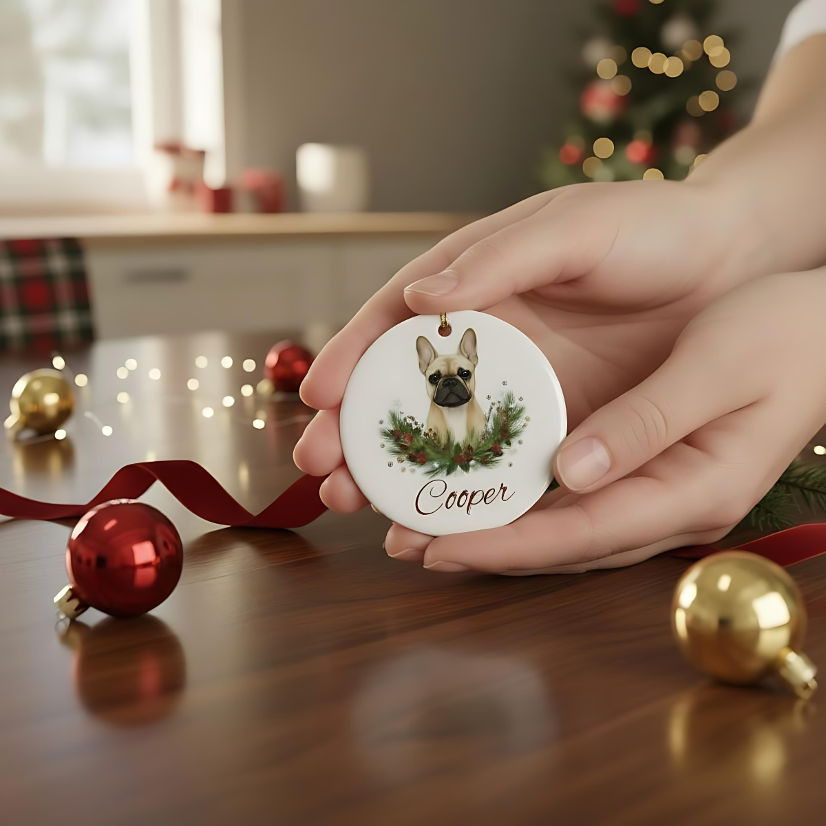 Personalized French Bulldog Christmas Ornament | Custom Dog Name Ceramic Tree Decoration.