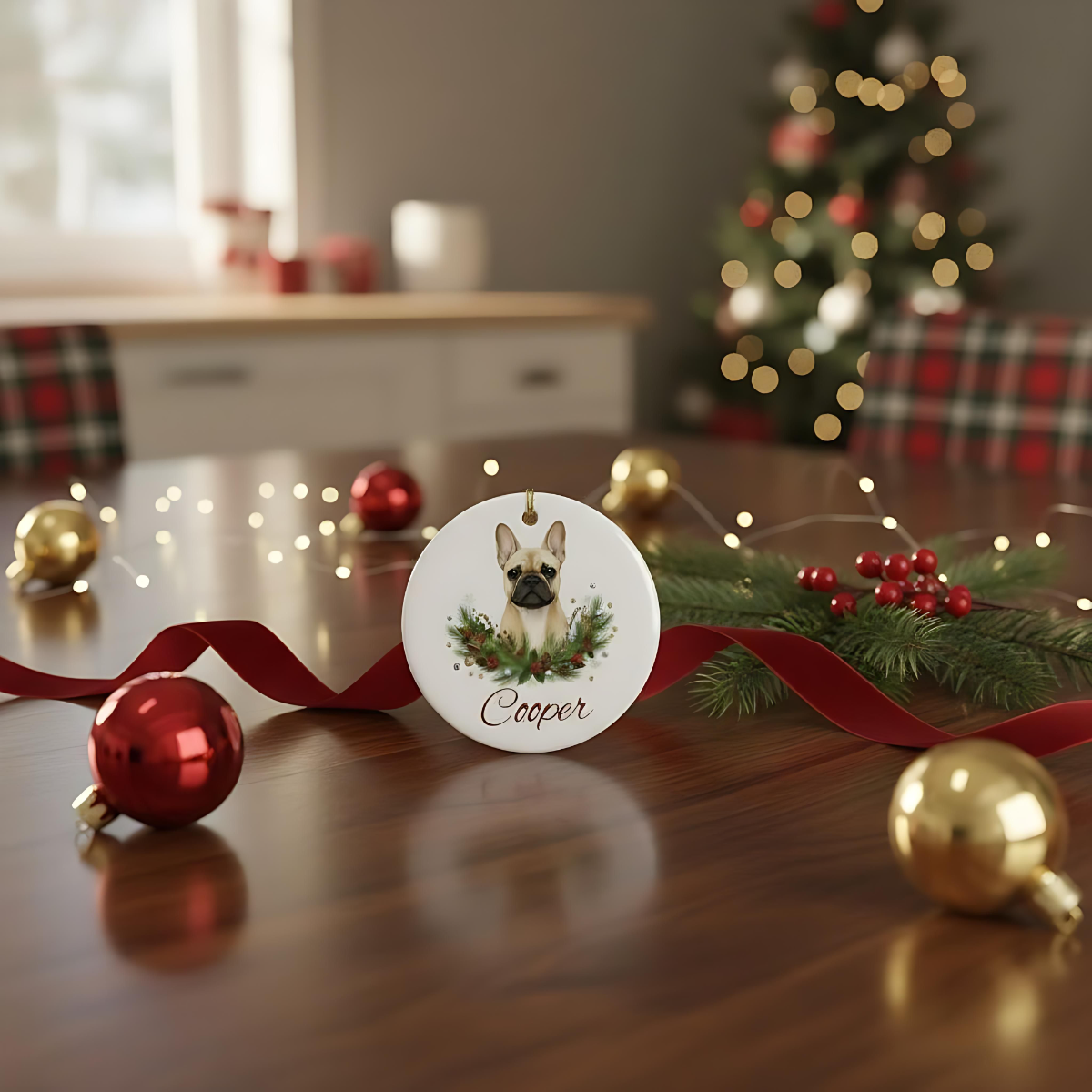 Personalized French Bulldog Christmas Ornament | Custom Dog Name Ceramic Tree Decoration.