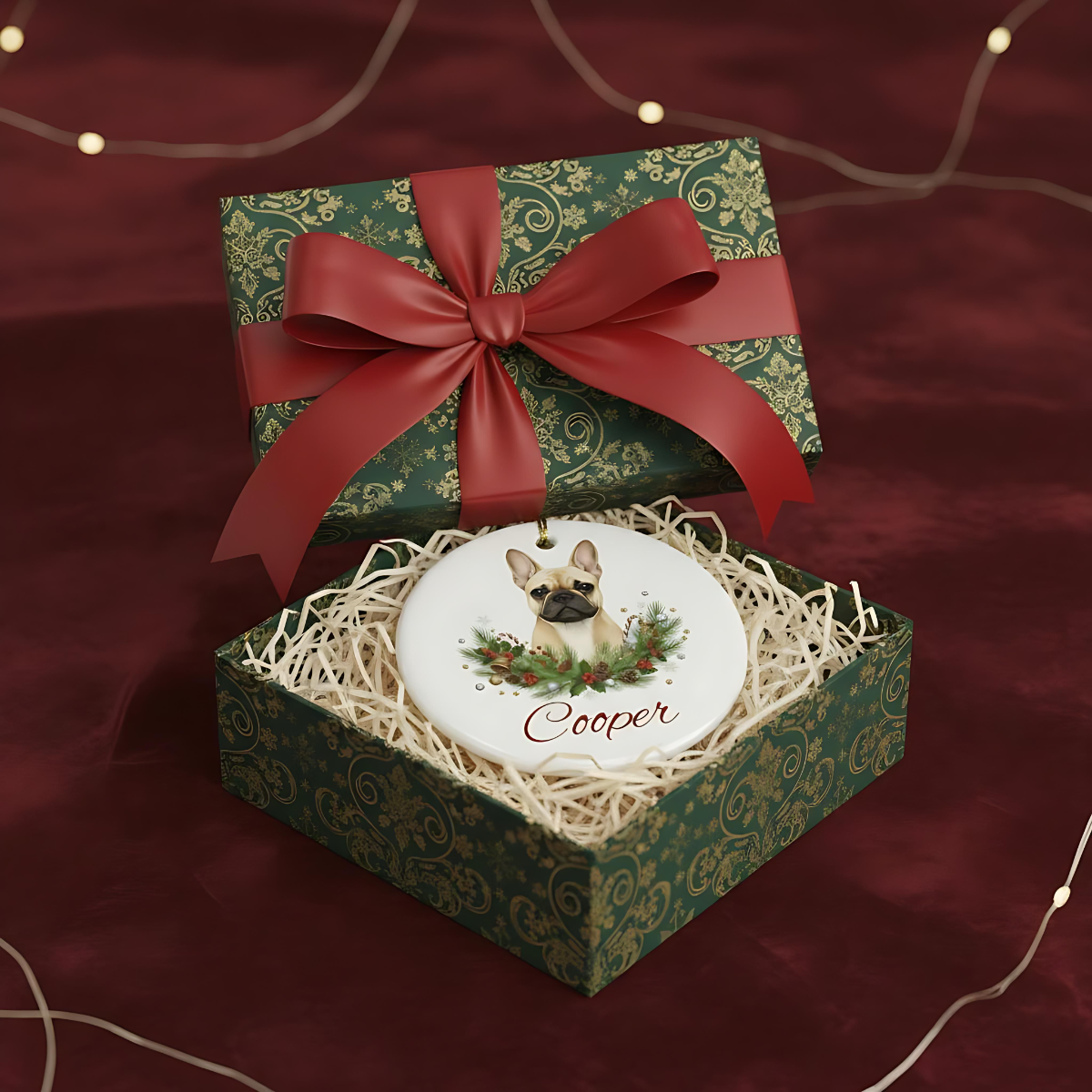 Personalized French Bulldog Christmas Ornament | Custom Dog Name Ceramic Tree Decoration.