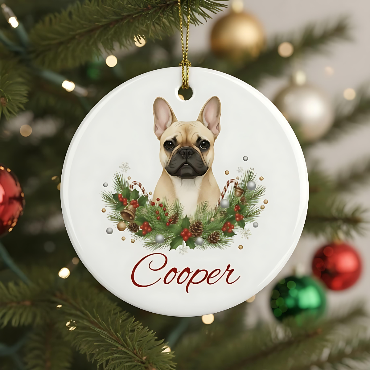Personalized French Bulldog Christmas Ornament | Custom Dog Name Ceramic Tree Decoration.