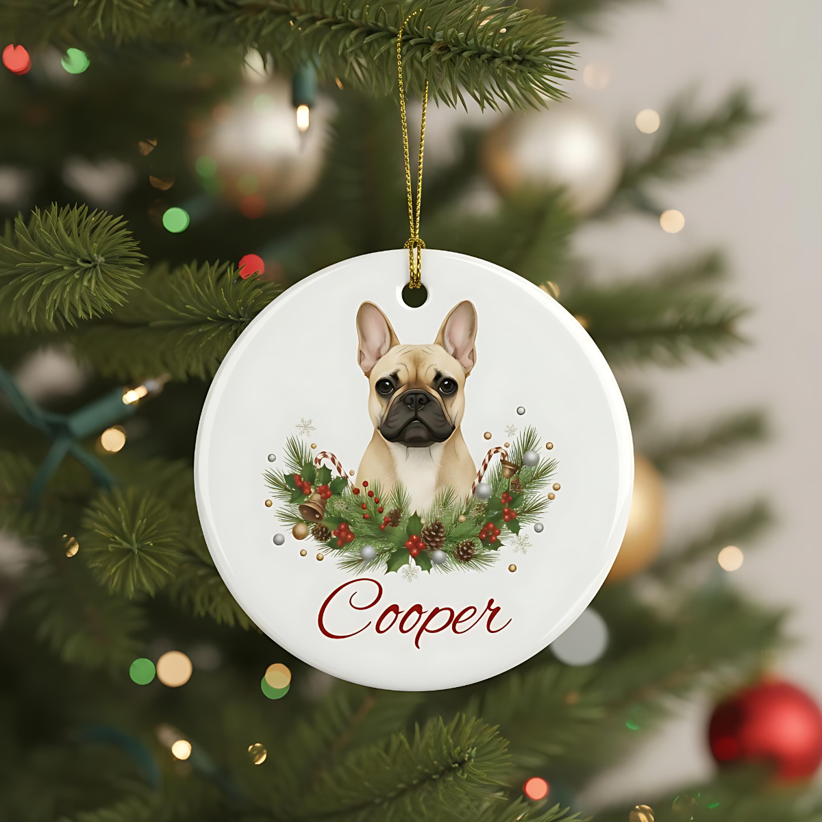 Personalized French Bulldog Christmas Ornament | Custom Dog Name Ceramic Tree Decoration.