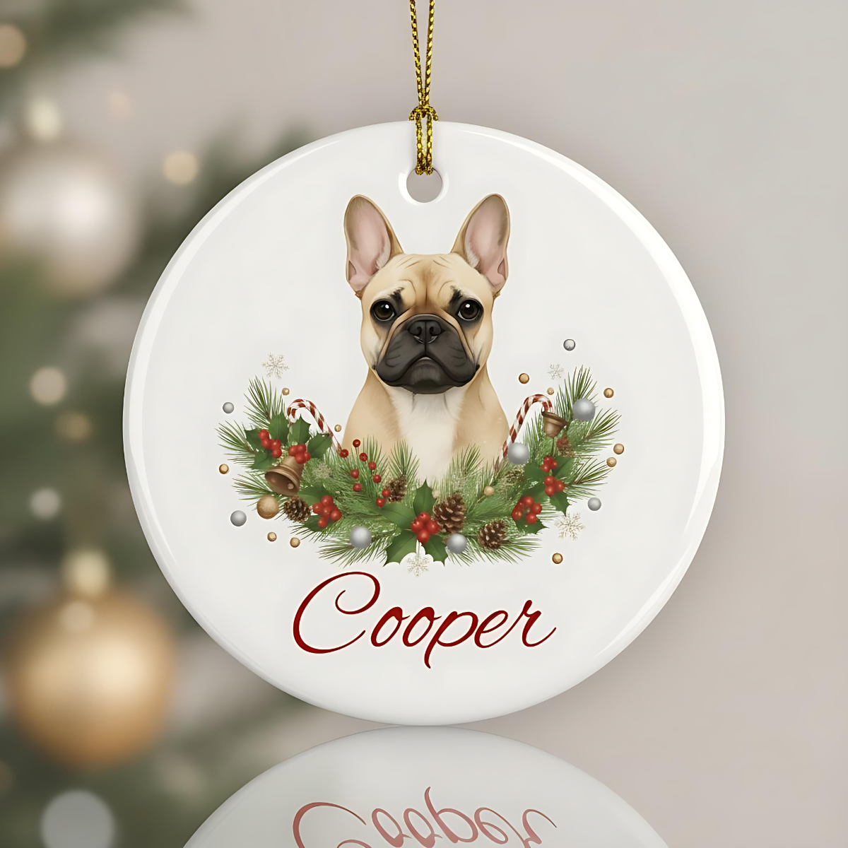 Personalized French Bulldog Christmas Ornament | Custom Dog Name Ceramic Tree Decoration.