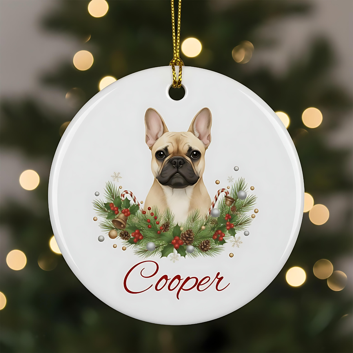Personalized French Bulldog Christmas Ornament | Custom Dog Name Ceramic Tree Decoration.