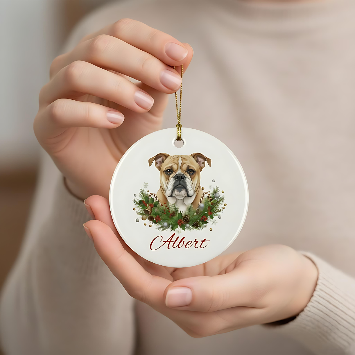 Personalized Bulldog Christmas Ornament | Custom English Bulldog Dog Name Ceramic Keepsake | Bulldog Gift for Dog Lovers