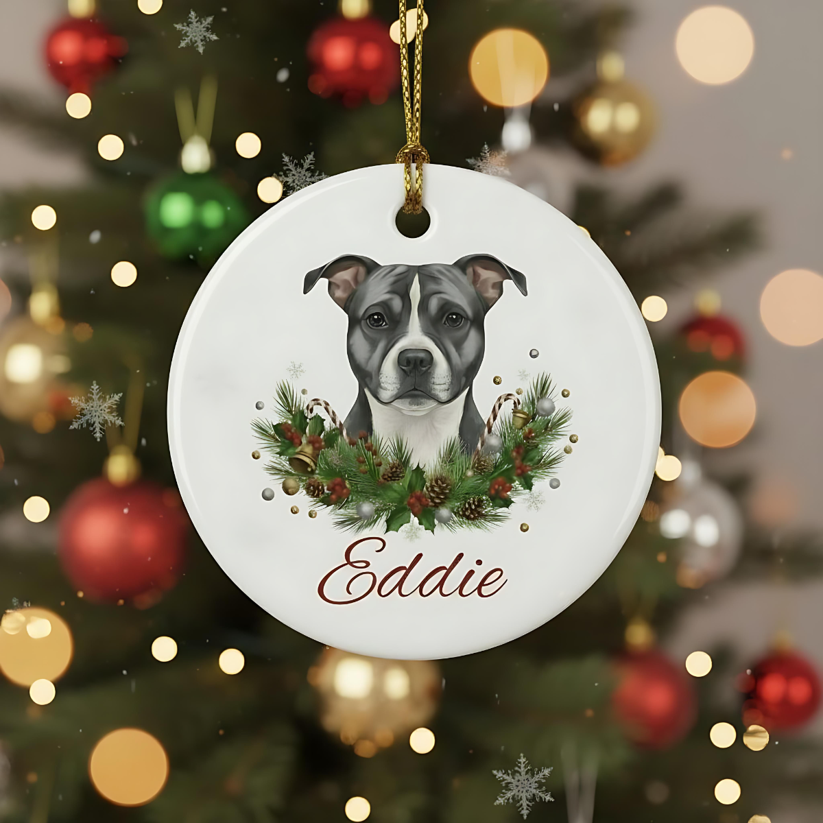 Personalized Staffie Christmas Ornament | Custom Staffordshire Bull Terrier Dog Name Ceramic Keepsake | Staffy Gift