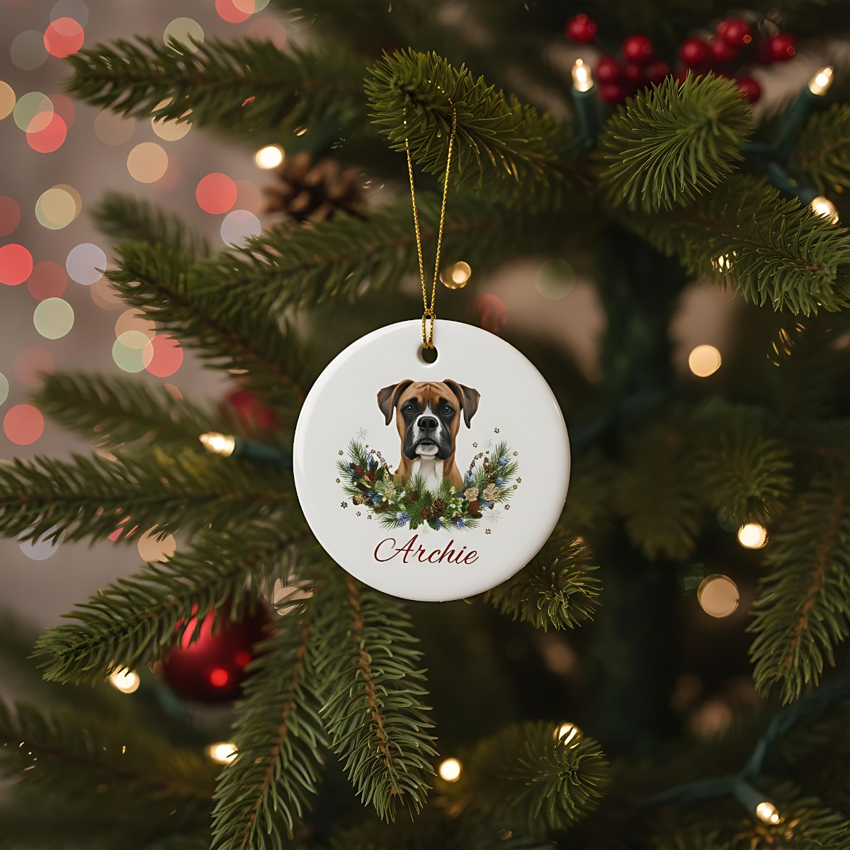 Personalized Boxer Christmas Ornament | Custom Boxer Dog Name Ceramic Keepsake | Boxer Gift for Dog Lovers