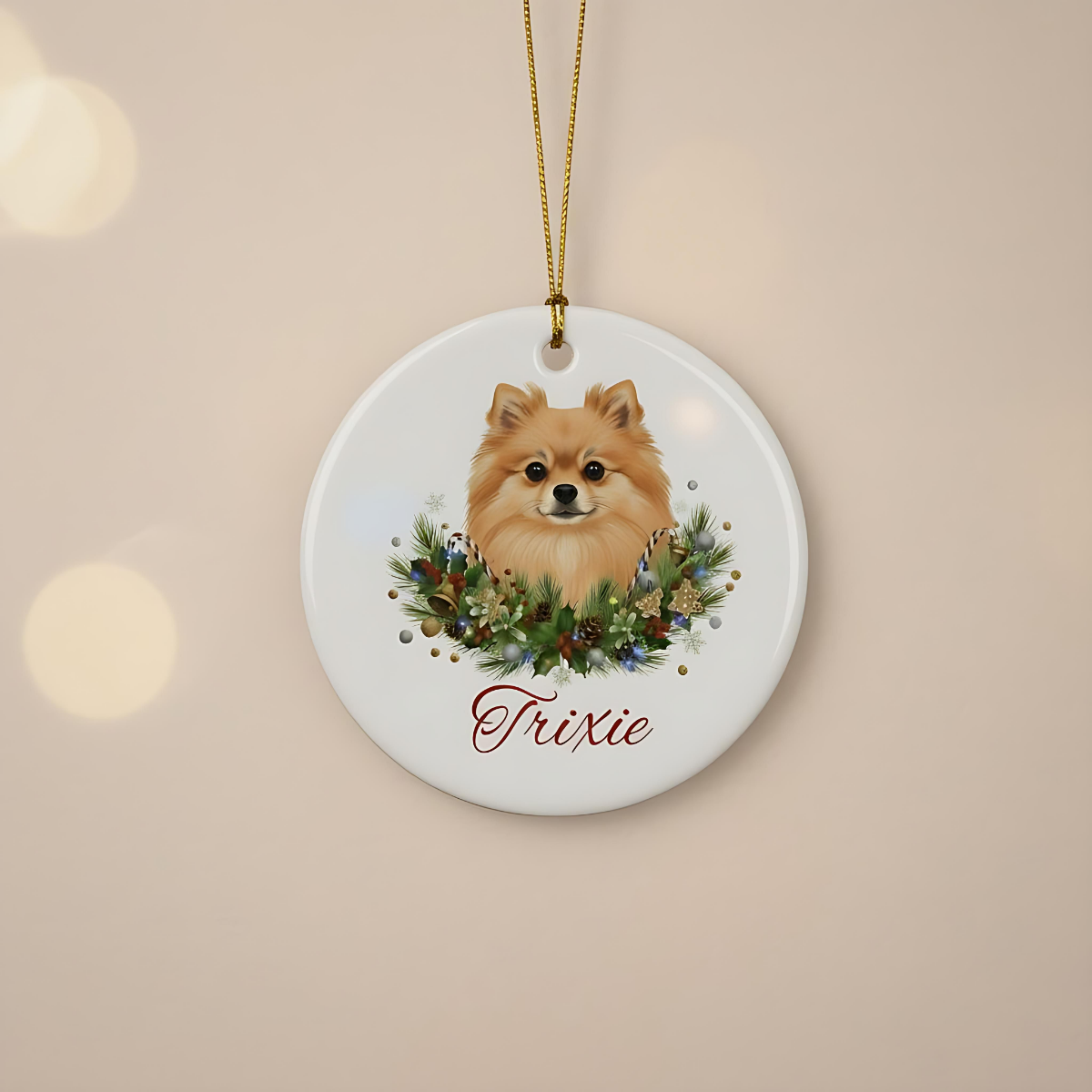 Personalized Pomeranian Christmas Ornament | Custom Pomeranian Dog Name Ceramic Keepsake | Pom Gift for Dog Lovers